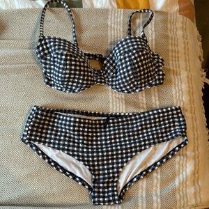 JCrew gingham navy and white bikini set. Underwire top 34D hipster bottom